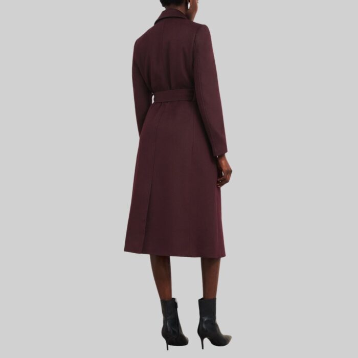 Back view of-womens plum wool coat