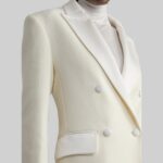 Close-up side view of a-white wool coat for women