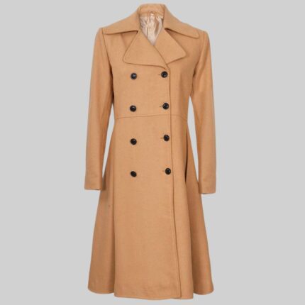 Front view of a-beige double-breasted wool coat