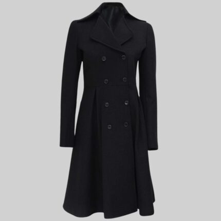 Front view of a-black long wool coat for women