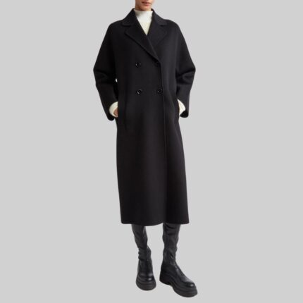 Front view of-black double-breasted wool coat