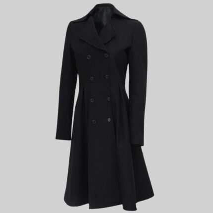 Side view of a-black wool coat for women