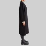 Side view of-black wool overcoat with double-breasted design