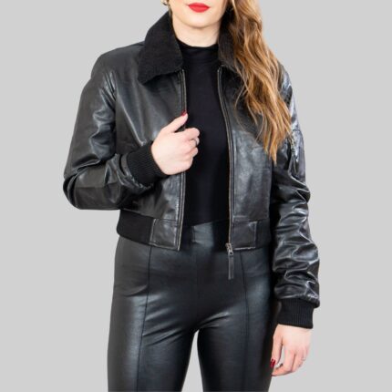 Another front view of a trendy-black crop bomber jacket for women