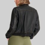 Back view of a-cropped leather bomber jacket for women