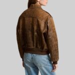 Back view of-brown bomber crop jacket for women