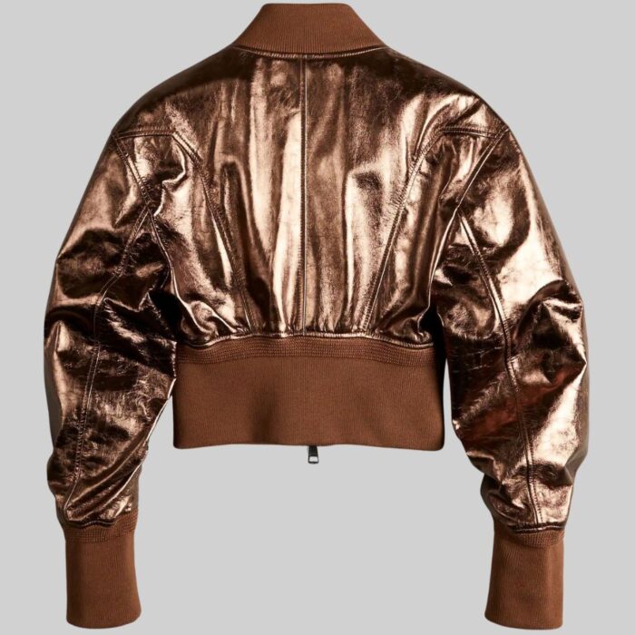 Back view of-leather bomber jacket cropped design