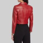 Back view of-red crop leather moto jacket on model