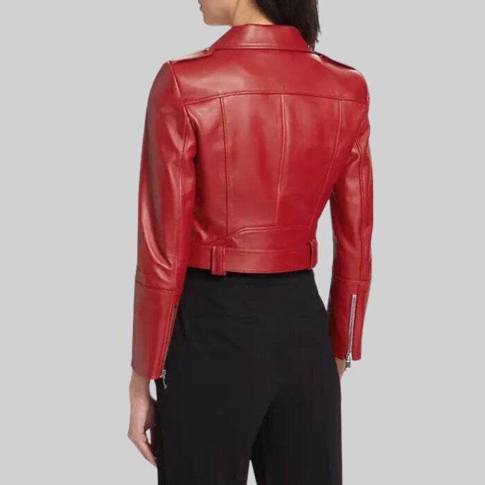 Back view of-red crop leather moto jacket on model