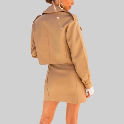 Back view of the chic-cropped tan leather jacket