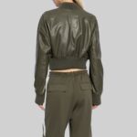 Back view of the fashionable-green cropped leather jacket