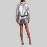 Back view of the fashionable-silver cropped leather jacket