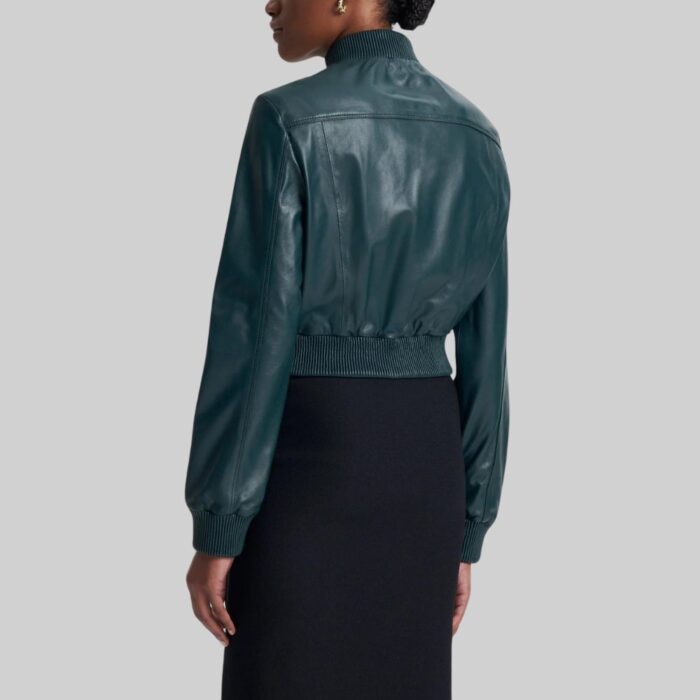 Back view of-women's cropped bomber jacket