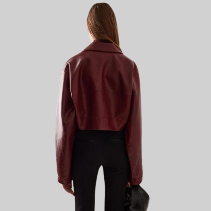 Back view of-women's cropped leather jacket