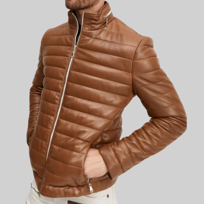 Brown-mens-leather-puffer-jacket-front-view