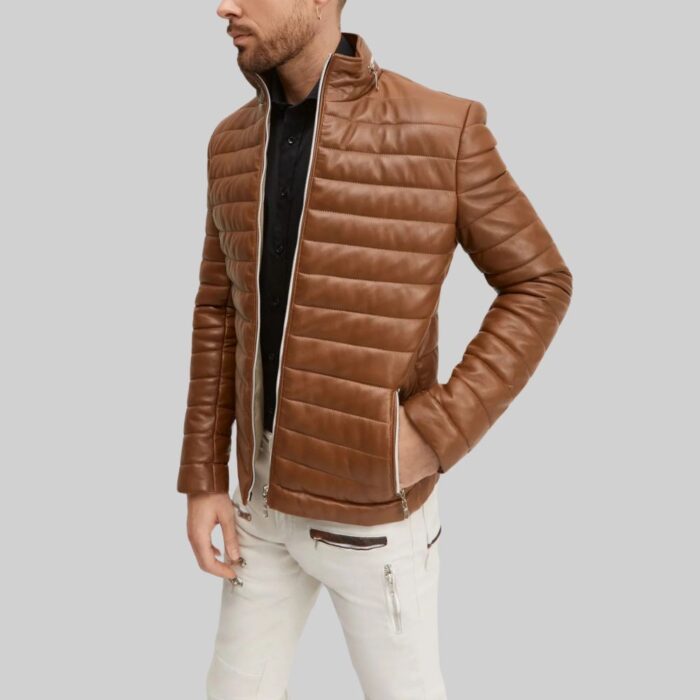 Brown-mens-leather-puffer-jacket-side-view