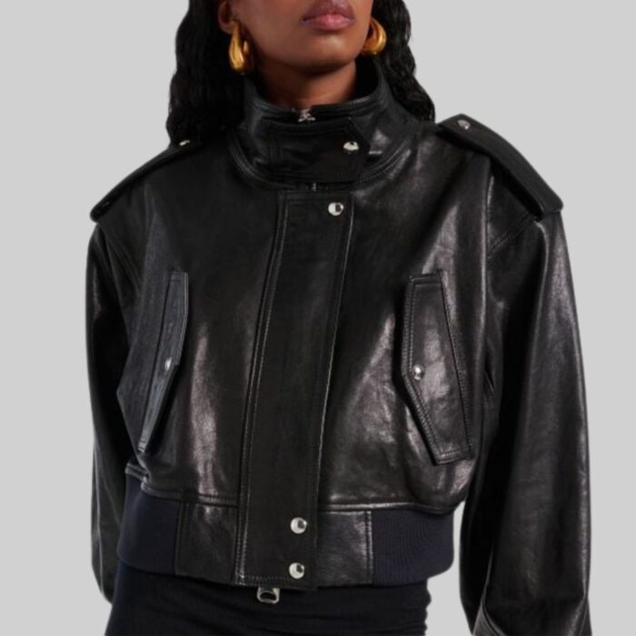 Close-up front of-cropped leather jacket for women