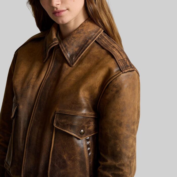 Close-up of-brown bomber crop jacket material and detailing