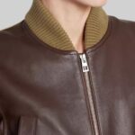 Close-up of collar on-brown cropped bomber jacket