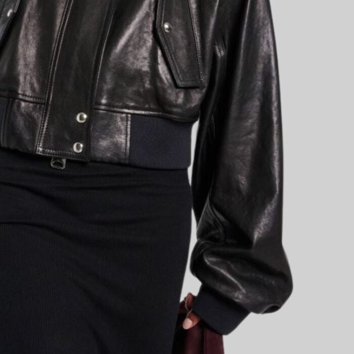 Close-up of sleeves on-cropped women’s leather coat