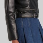 Close-up of the belt on the-women's cropped moto jacket