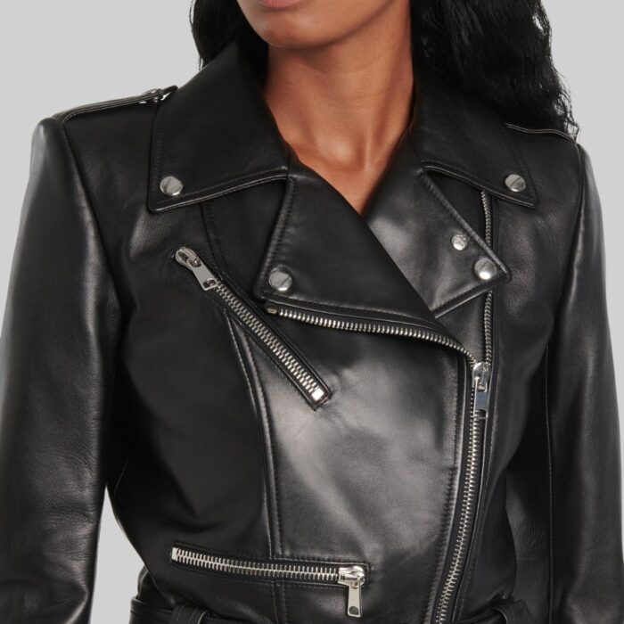 Close-up of the collar on the-women's cropped leather biker jacket