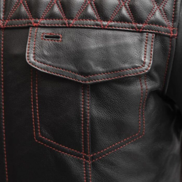 Closeup of chest pocket on a-men's motorcycle jacket