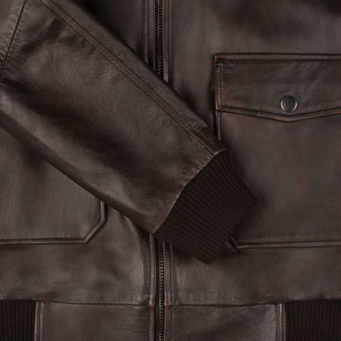 Closeup of cuffs on-men’s leather aviator jacket