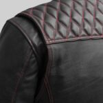 Closeup of shoulder quilt design on a-men's biker leather jacket