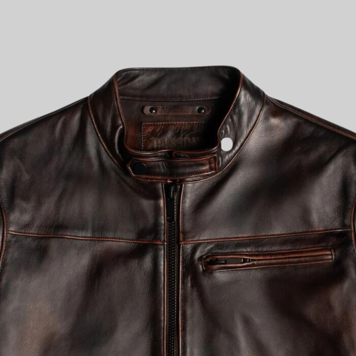 Closeup of the collar detail on-black men’s leather jacket