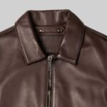 Closeup of the collar on-men's brown leather jacket