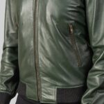 Closeup of zip pocket on-men's aviator leather jacket