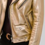 Closeup of zip pockets on-men's leather motorcycle jacket