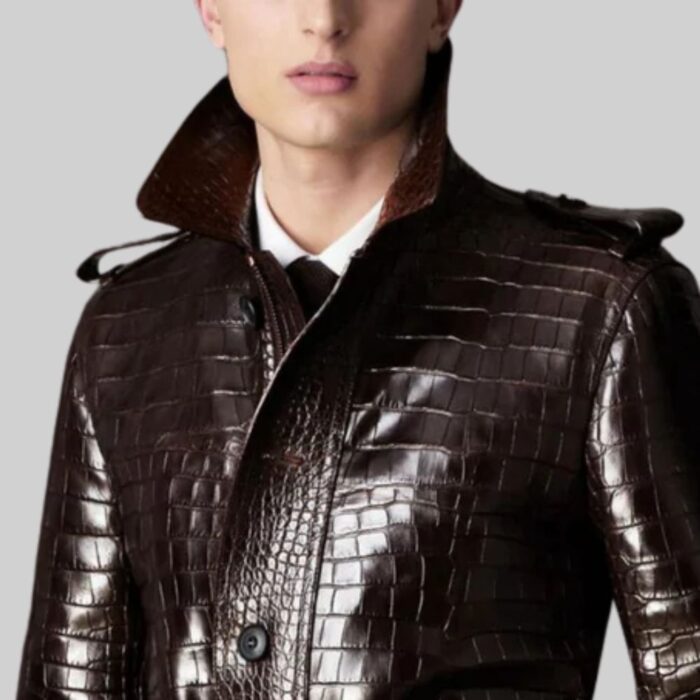 Crocodile-embossed-leather-trench-coat-mens-collar-closeup