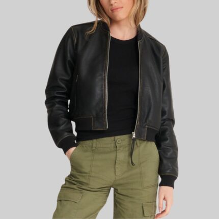 Cropped leather bomber jacket front view for women