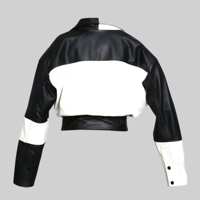 Cropped leather moto jacket for women-back view