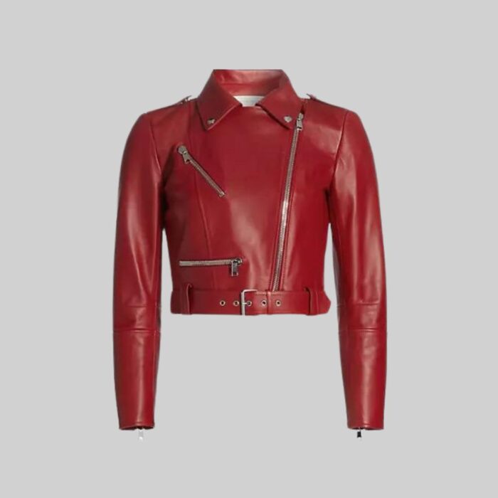 Cropped red leather biker jacket-without model