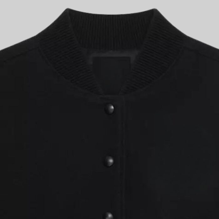 Detailed collar view of a-cropped athletic jacket for women