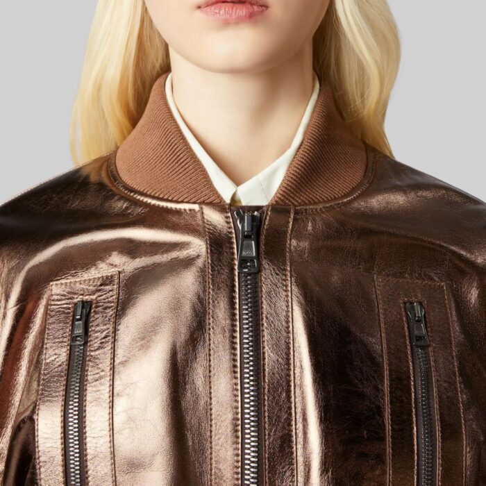 Detailed view of-cropped leather jacket with ribbed accents