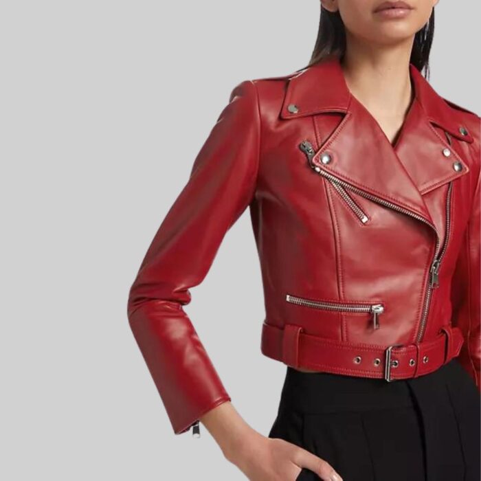 Front closeup of-women’s red cropped moto jacket