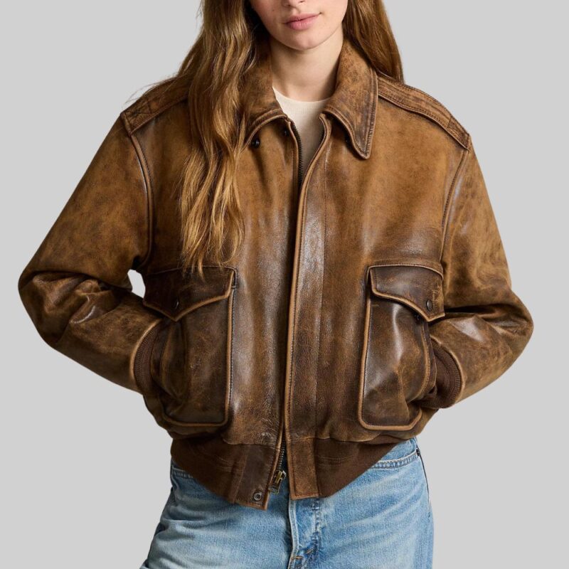 Front pose of-brown bomber crop jacket for women