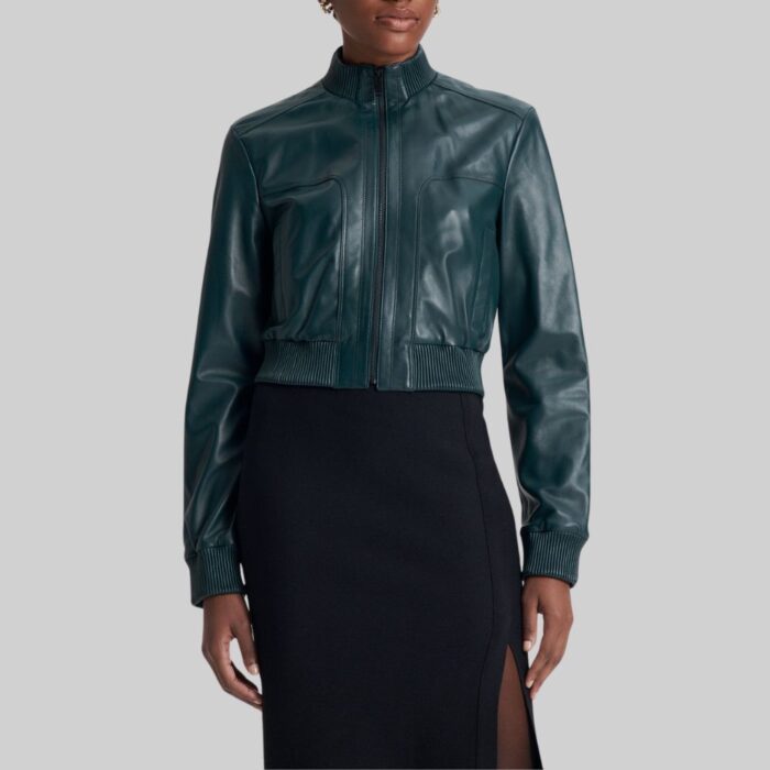 Front pose of-women's cropped bomber jacket