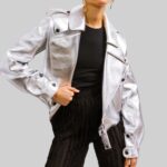 Front view of a chic-silver cropped leather jacket