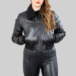 Front view of a stylish-black crop bomber jacket for women