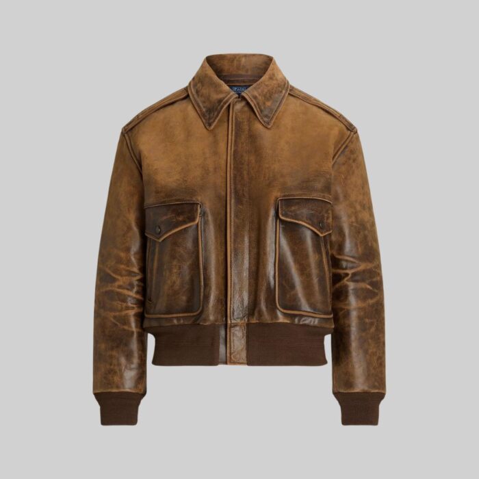 Front view of-brown cropped bomber jacket for women without model