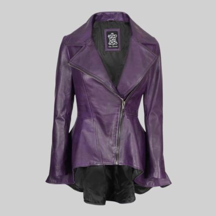 Front-view-of-womens-purple-leather-coat