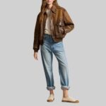 Full view of-women’s brown cropped bomber jacket