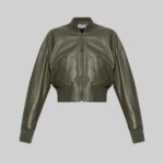 Green cropped leather jacket-without model front view