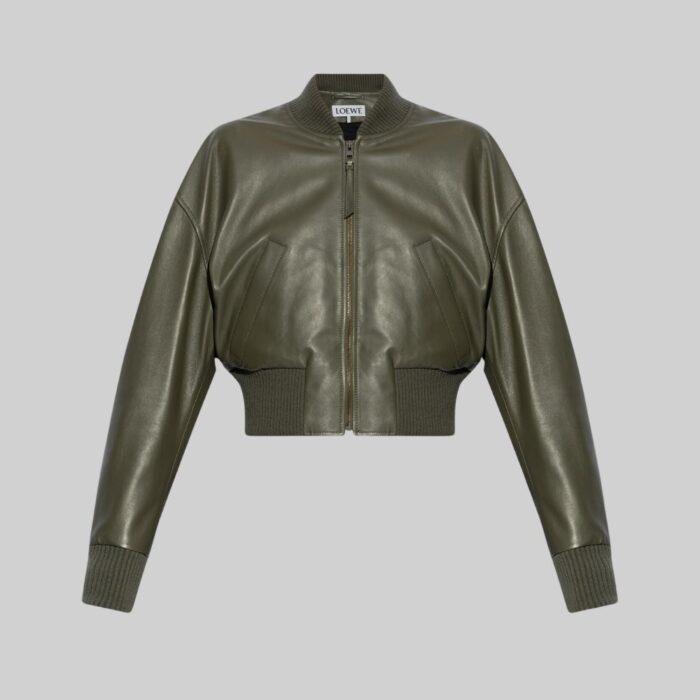 Green cropped leather jacket-without model front view