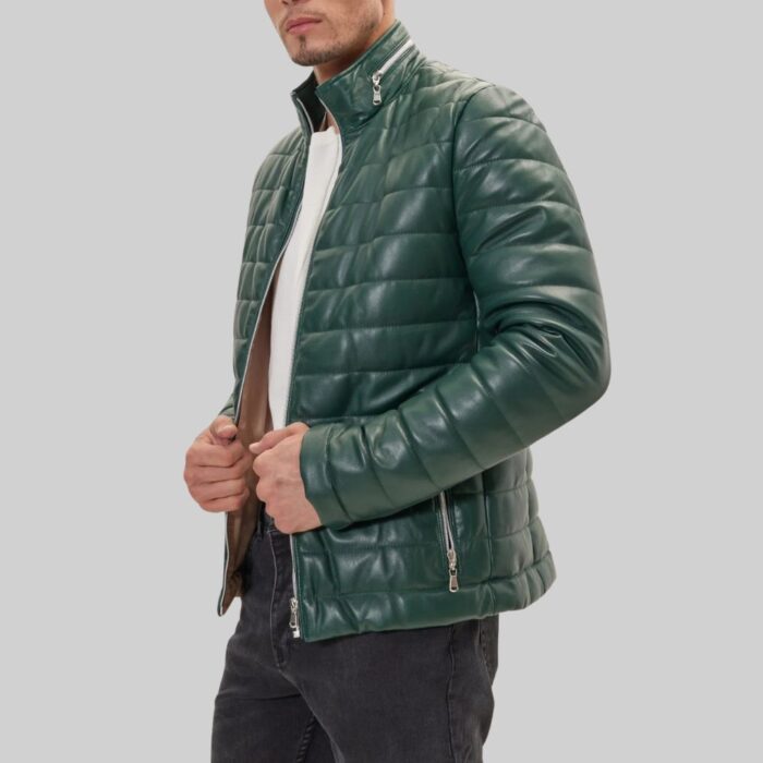 Green-leather-puffer-jacket-men-side-view